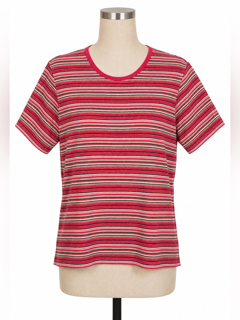 Vintage Basic Editions L Red Gold Black White Striped Glitter Knit T Shirt Top